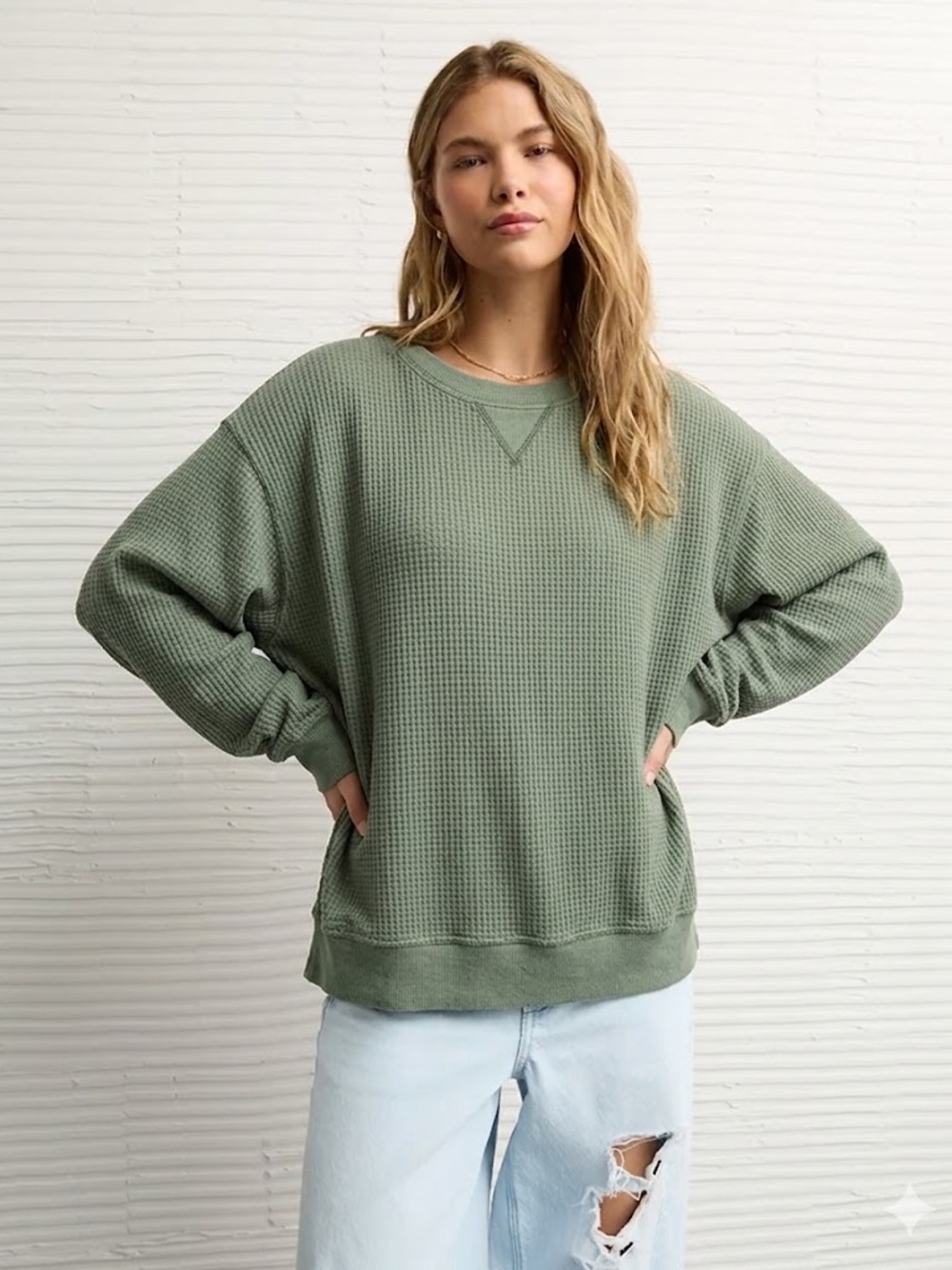 Aerie Oversized Waffle Crewneck Sweater Women’s XS Sage Green